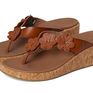 Skechers Tan Floral Cork Wedge Thong Sandals